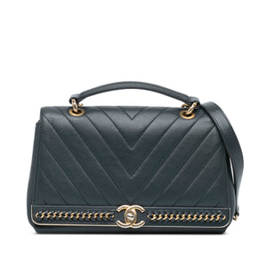 Chanel Chevron Sheepskin Stitched Chain Top Handle Flap Blue