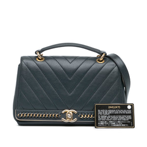 Chanel Chevron Sheepskin Stitched Chain Top Handle Flap Blue