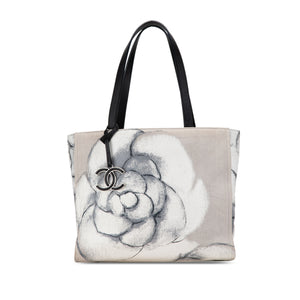 Chanel Camellia Printed Canvas Shopper Tote Gray