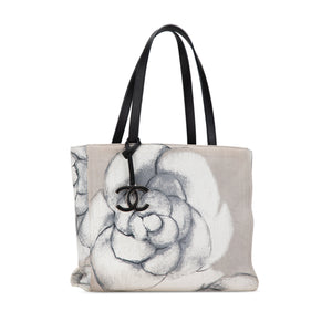 Chanel Camellia Printed Canvas Shopper Tote Gray