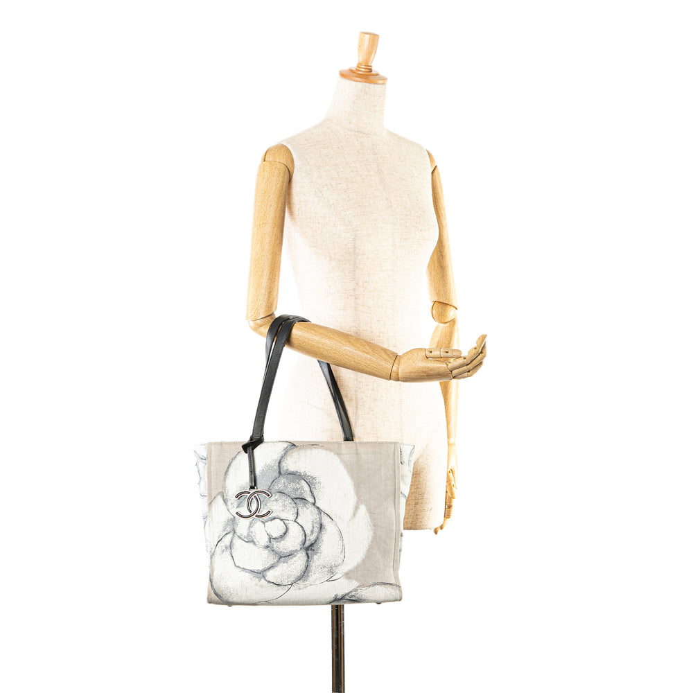 Chanel Camellia Printed Canvas Shopper Tote Gray