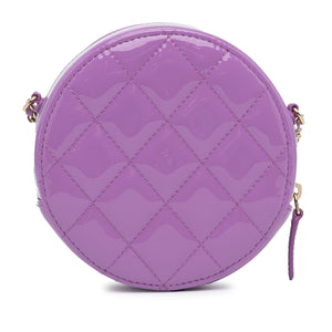 Chanel CC Quilted Patent Round Clutch With Chain Purple